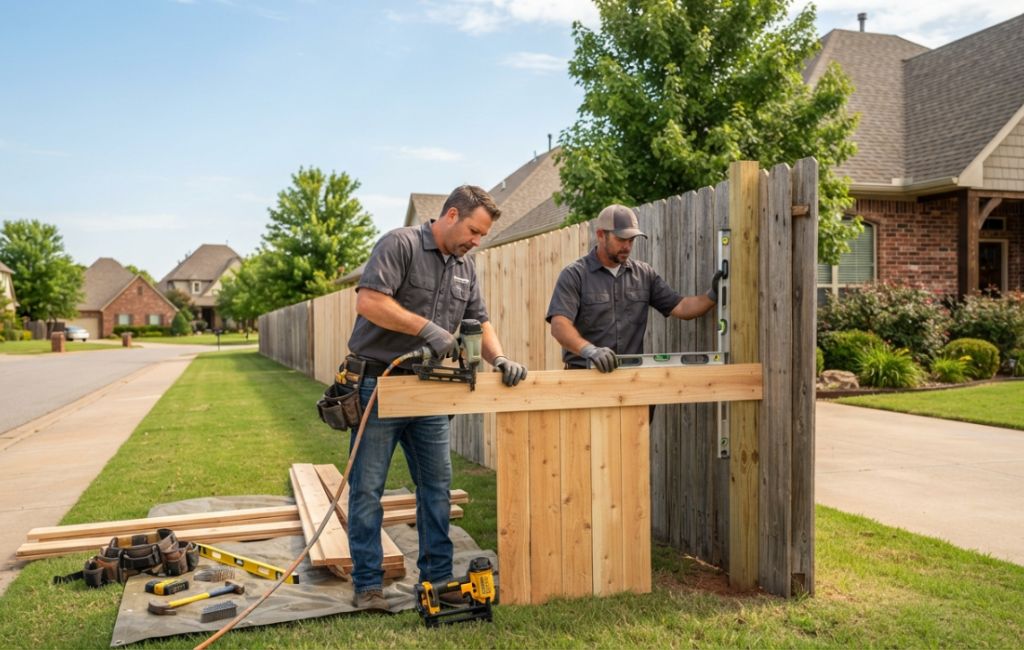 Residential Edmond OK fences repair project featuring contractors repairing a wooden backyard fence.